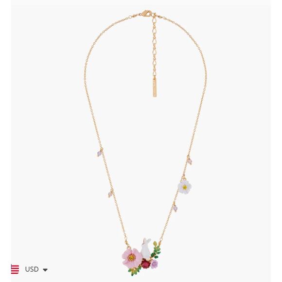 Les Nereides Enchanted Encounter Bunny on Pink Flower Pendant Necklace NWT - Picture 3 of 14